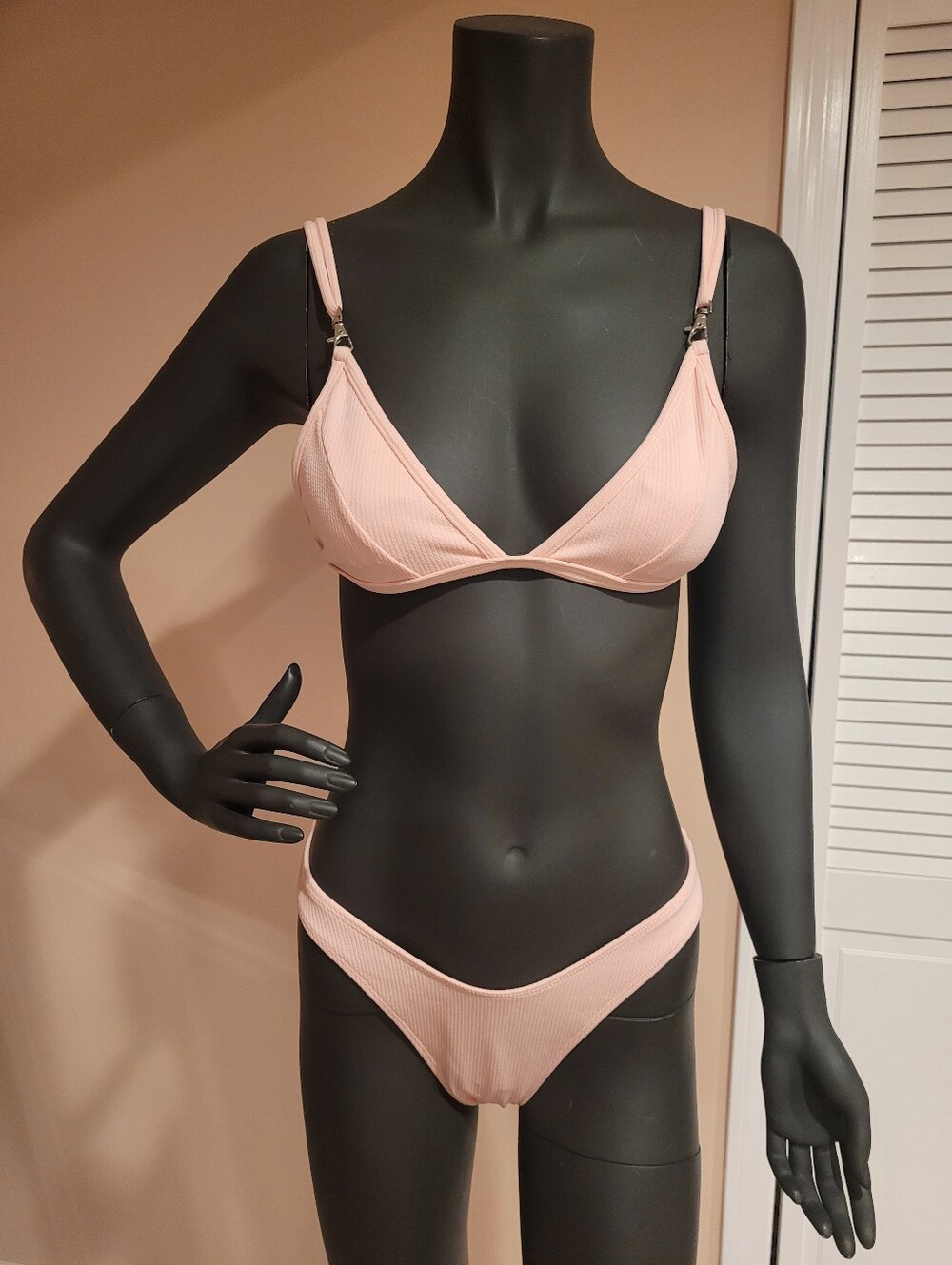 Women's Light Pink Ribbed Triangle Bikini Top and Bottom Set